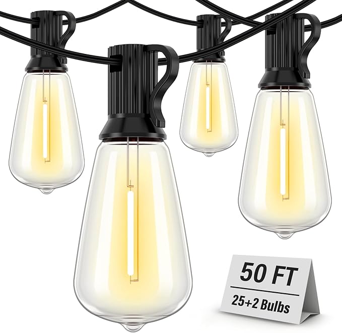 Outdoor String Lights Waterproof, 50FT Patio Lights with 26 ST38 Edison Bulbs (1 Sqare), Outside Hanging Decorative Lights for Porch, Blacony, Blackyard, Bistro, Garden, 2700K Doukedge