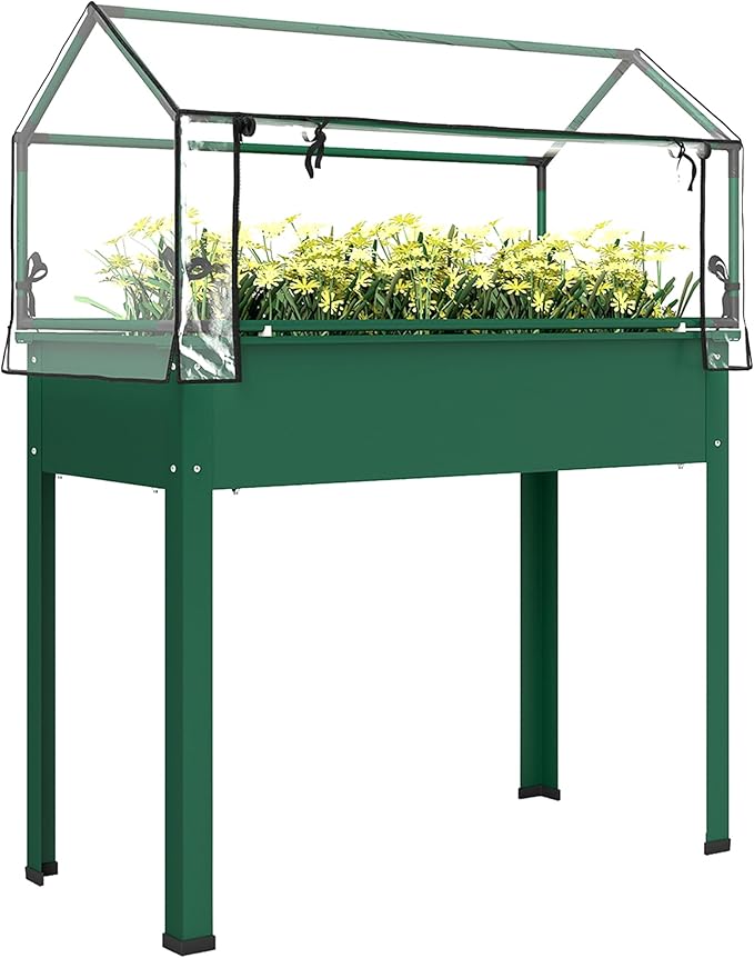 Outsunny Raised Garden Bed with Greenhouse Cover, Elevated Planter Box with Legs and Drainage Hole for Vegetables Flowers Herbs, 39.4" x 18.9" x 48.8", Green Outsunny