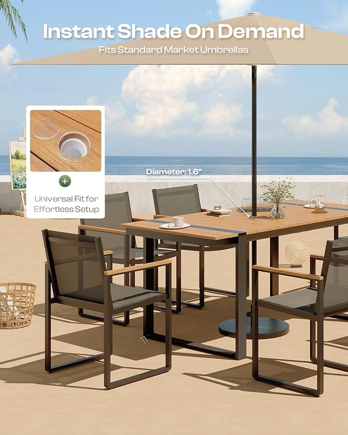 Outdoor Dining Set, HDPS + Aluminum Patio Table and Chairs Set with U-Shaped Base, 7 Piece Outdoor Furniture Set with Umbrella Hole, Patio Dining Table Set for Garden, Backyard (Gray-Teak) Oasbira