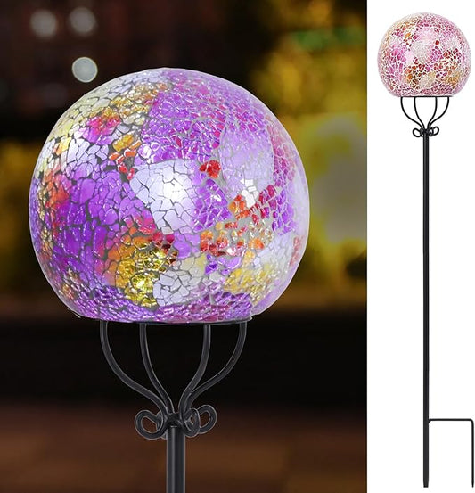 VCUTEKA Solar Outdoor Lights Garden Decor Mosaic Solar Garden Lights Waterproof Glass Ball LED Pathway Stake Light for Landscape Lawn Patio Yard Decoration 6 inch, Pink VCUTEKA