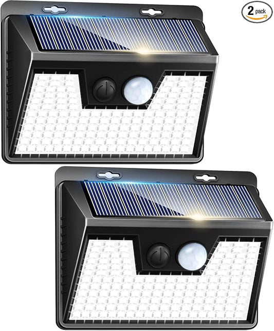 Peasur 2 Pack Solar Lights Outdoor Motion Sensor, 140 LED Solar Powered Fence Wall Light Waterproof, 3 Modes Solar Security Lighting for Outside Yard Deck Garden Stair Step Peasur