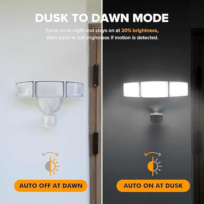 LUTEC 72W 7500LM LED Security Lights Motion Sensor Light Outdoor, 5000K Daylight, IP65 Waterproof, Dusk to Dawn, 3-Head Motion Detected Flood Light for Garage, Yard, Porch(White) LUTEC