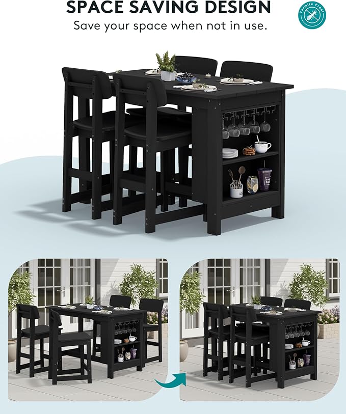 SERWALL Outdoor Bar Table and Chairs Set, 5-Piece HDPE Counter Height Patio Dining Sets with Storage and Wine Rack, Rectangular High Top Bar Table with 4 Bar Stools for Garden, Backyard, Black SERWALL