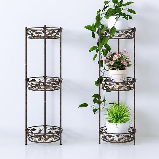 Plant Stand, Heavy Duty Metal Plant Stand Indoor Outdoor, Tall 3 Tiers Plant Shelf for Multiple Plants Pots, Flower Pot Stand for Home, Patio & Garden, Brushed Copper Rootora