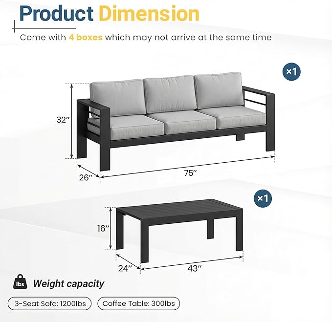 Solaste Aluminum Patio Furniture Set for All Weather, Oversized Metal Outdoor Furniture Set with 27.5" Deep Seating and 3.2" Wide Armrest, Outdoor Patio Sofa with 10" Back Suport Cushion Solaste