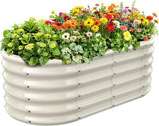 17" Tall Outdoor Garden Raised Garden Bed Kits, 4ft X 2ft Oval,0.8MM Thick Metal Raised Planter Bed/Ground Planter Box for Variety of Flowers,Herbs,Vegetables (Cream White, 48X24X16.5 Inches) YSEJOMP