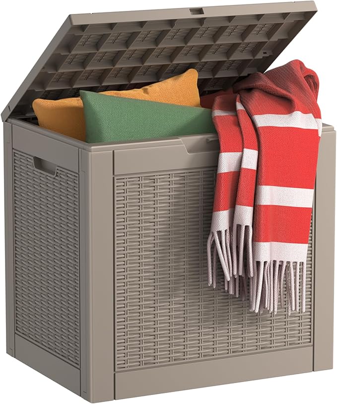 EasyUp 31 Gallon Outdoor Storage Box, Resin Waterproof UV-Resistant Deck Box, Reinforced Stability for Patio, Garden, and Poolside, Rattan Gray EASYUP