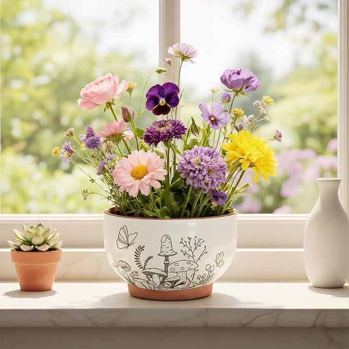 YBX 8 Inch & 6 Inch Terracotta Pots, Plant Pots, Flower Pots for Indoor Plants with Drainage, Planters with Mushroom Accent for Indoor Plants (Cottage) YBXYIBOXUAN