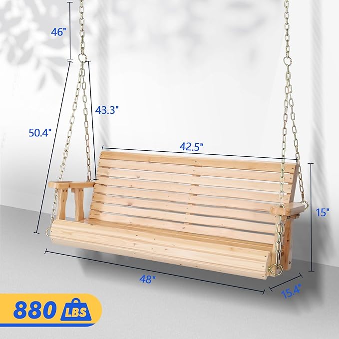 VINGLI Upgraded Patio Wooden Porch Swing for Courtyard & Garden, Heavy Duty 880 LBS Swing Chair Bench with Hanging Chains for Outdoors (Natural, 4 FT) VINGLI