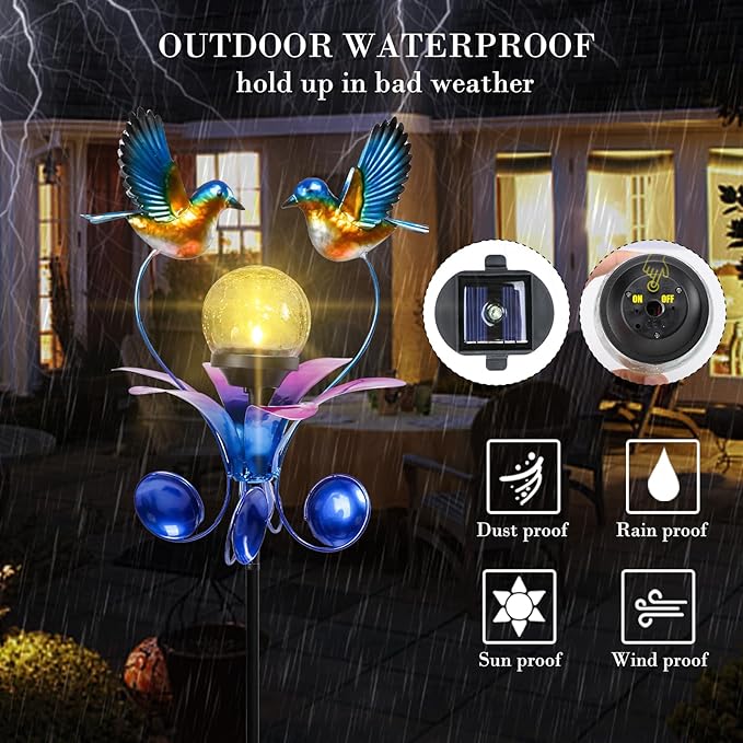 VCUTEKA Solar Lights Outdoor Metal Garden Stake Waterproof Crackle Glass Globe Garden Decor Blue Jay Bird for Pathway, Lawn, Patio, Yard VCUTEKA