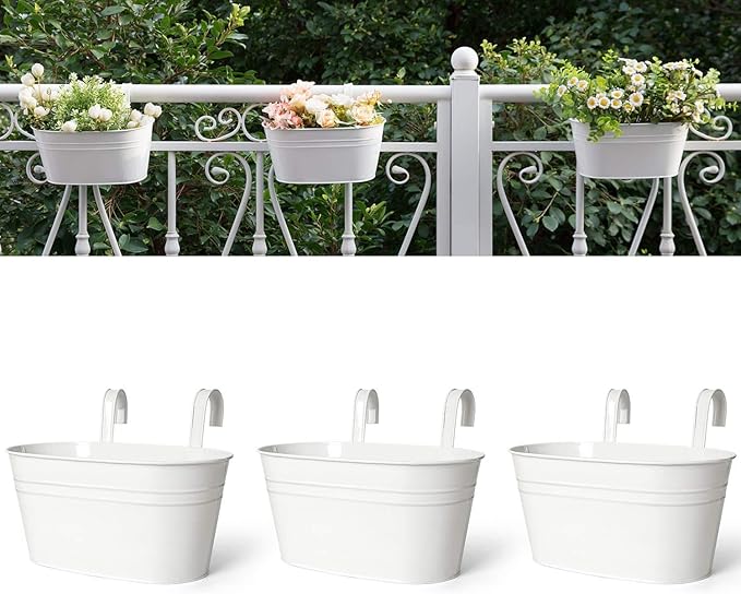 Dahey 3 Pcs 10.5 Inch Metal Iron Hanging Flower Pots for Railing Fence Hanging Bucket Pots Countryside Style Window Flower Plant Holder with Detachable Hooks Home Decor,White Dahey