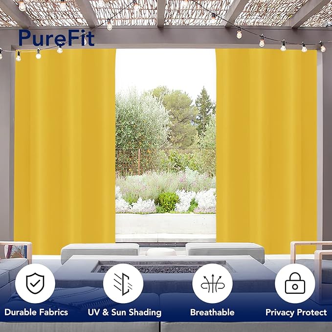 PureFit Outdoor Curtains for Patio Waterproof Weatherproof, UV Resistant Outside Curtains for Gazebo, Front Porch, Pergola, Sun Blocking Privacy Curtain, 52W x 120L inch, 1 Panel, Yellow PureFit