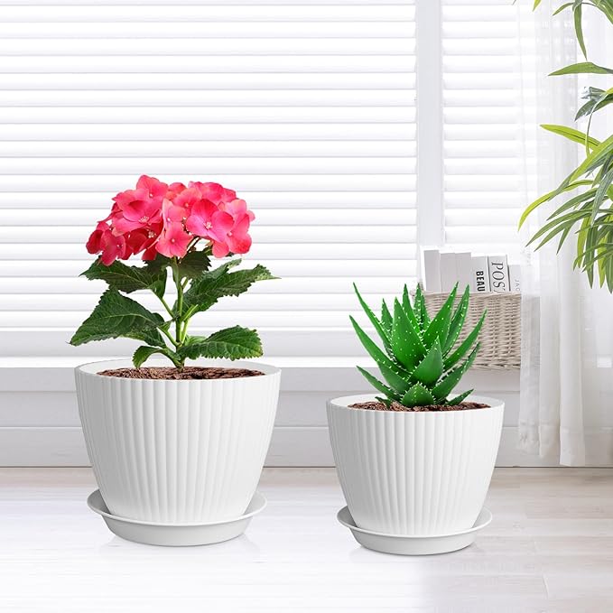 7/6.2/5.5/5/4.5/4 inch Plant Pots, 6 Pack Flower Pots for Small Indoor Outdoor Plants, Plastic Planters with Drainage Holes and Saucers for Garden Succulent House Plants, White Meowell