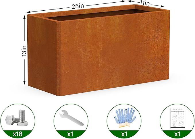 Metal Planter Box - 25x11x13H Inch, Co rten Steel Planter for Patio, Garden, Porch - Brown Ganeekiron
