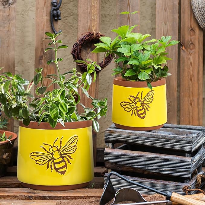 YBX Terracotta Pots Inch with Drainage Holes, Bee Decor, Ceramic Pots for Indoor Plants Flower Pots Outdoor, Succulent, Herbs, Snake Plants (Yellow, 6+4 Inch) YBXYIBOXUAN