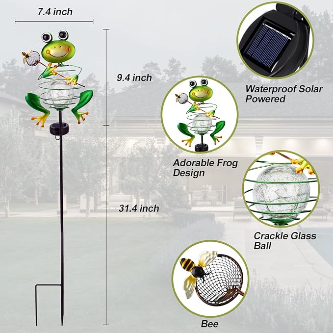 Frog Solar Garden Light - Metal Stake Light with Crackle Glass Waterproof Globe, Solar Power LED for Garden, Lawn, Patio, Pathway Decor HEDAQI