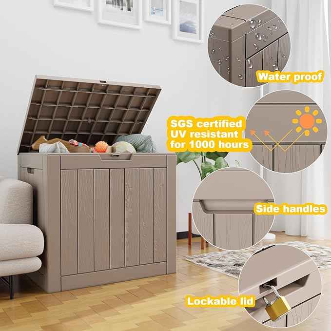 30 Gallon Outdoor Deck Box, Lockable Waterproof Outdoor Storage Boxes For Garden Tools,Indoor Cushions,Accessories Outside Storage Resin Weatherproof Container(Grey)