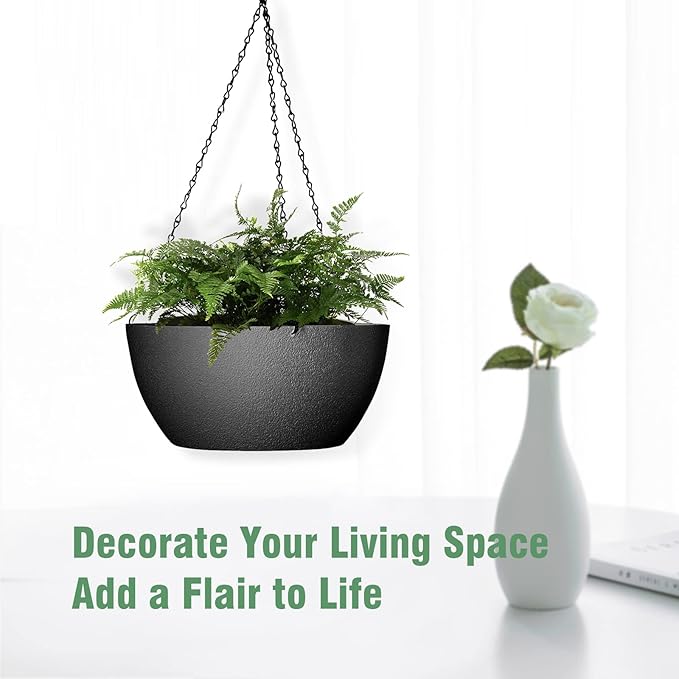 13 inch Large Hanging Planters Plant Pots for Outdoor Indoor Plants with Drainage Holes and Chain, 2 Pack Round Hanging Flower Pots for Garden Home Porch Decor, Black WSMKSZ