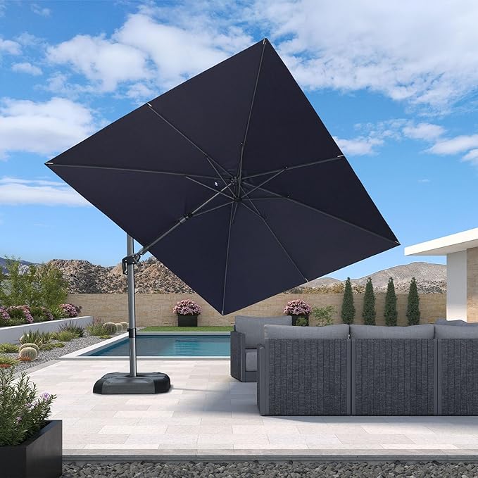 PURPLE LEAF 9' X 12' Left-right Tilt Patio Umbrella Outdoor Cantilever Swivel Rectangle Umbrella with Tilt Aluminum Offset Umbrella with 360-degree Rotation for Garden Deck Pool Patio Navy Blue PURPLELEAF