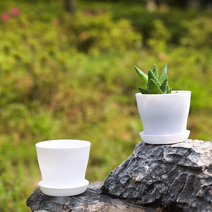 TDHDIKE 10 Pcs Plastic Planters Indoor Flower Plant Pots, Mini Flower Seedlings Nursery Pot/Planter/Flower Pot with Pallet, Modern Decorative Gardening Containers (White25) TDHDIKE