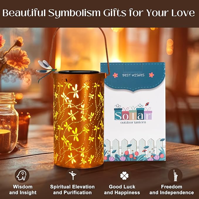 Birthday Gifts for Women Mom Grandma Ladies Solar Lanterns Outdoor Hanging Dragonfly Hollowed-Out Metal Waterproof LED Garden Decor Outside for Patio Yard Porch DIBIEECN