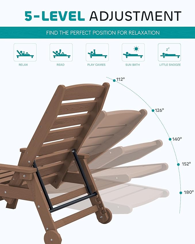 SERWALL Patio Chaise Lounge Chair, 78'' Long HDPE 5 Positions Adjustable Poly Lounge Chair with Rolling Wheels & Cup Holder for Pool, Brown SERWALL