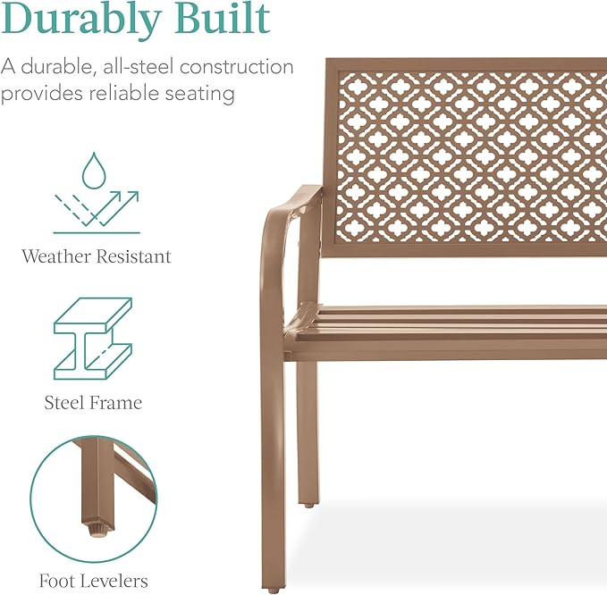 Best Choice Products Outdoor Bench 2-Person Metal Steel Benches Furniture for Garden, Patio, Porch, Entryway w/Geometric Backrest, 790lb Capacity - Taupe BestChoiceProducts