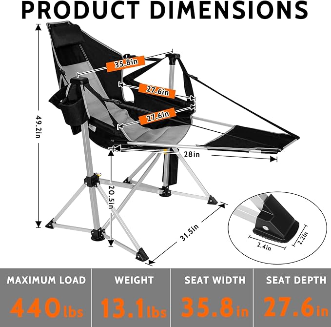 Romswi 2-Pack Aluminum Hammock Chair with Footrest, Oversized Portable Folding Swinging Chair with Adjustable Back & Seat, Lightweight Rocking Camp Chair Supports 440lbs for Outdoor, Patio - Black Romswi
