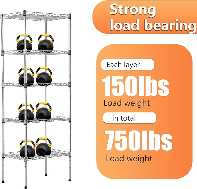 BestOffice | 5-Tier Wire Storage Shelves | 17x12x48 | Chrome | with Adjustable Racks | Heavy-Duty Metal Shelf, Holds Upto 750 lbs | No-Tool Assembly | Ideal for Home & Garage Shelving BestOffice