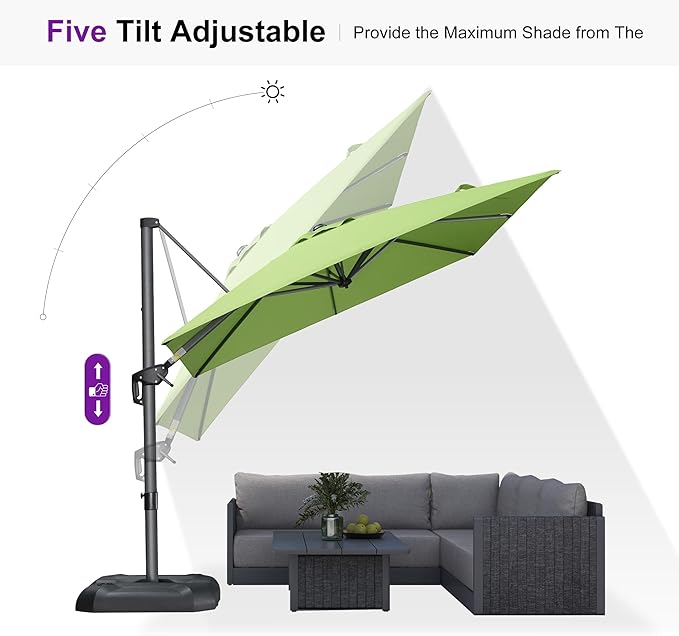 PURPLE LEAF 8 Feet Square Cantilever Umbrella Patio Umbrella with Base Outdoor Umbrella Aluminum Offset with 360-degree Rotation for Garden Deck Pool Patio Apple Green PURPLELEAF