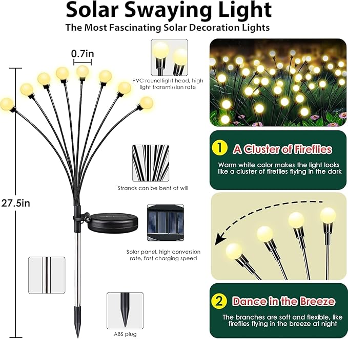 12-Pack Garden Solar Lights, 96 LED Solar Lights Outdoor for Garden Decor, Waterproof Firefly Light Outdoor (Sway by Wind), Swaying Light for Outside Yard Pathway Landscape Decorations (Warm White) Albelt