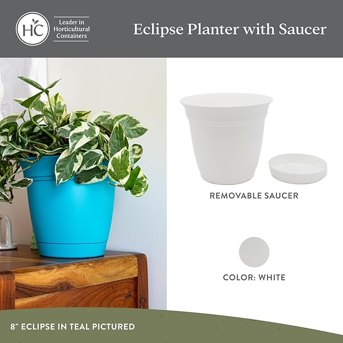 The HC Companies 16 Inch Eclipse Round Planter Pots with Drainage Holes & Attached Saucer, Lightweight UV-Resistant Plastic Indoor & Outdoor Planters, 2-Pack Flower Pots for Garden & Home Decor, White TheHCCompanies