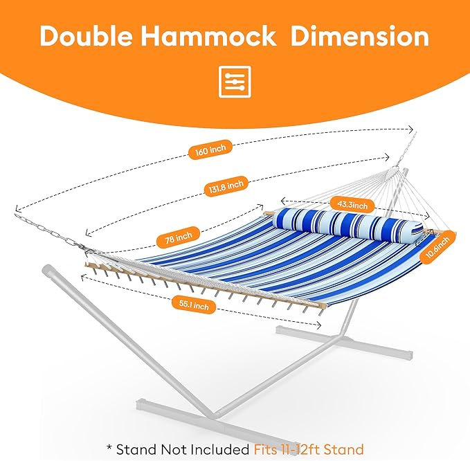 Double Hammock with Spreader Bar,Soft Pillow,Max Load 500lbs,Portable Hammock for Outdoor,Camping,and Backyard,Blue Rootora