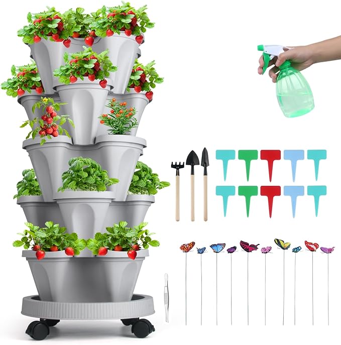 GameXcel Vertical Planter, 5 Tier Stackable Strawberry Planter with Garden Tool Set, Movable Indoor/Outdoor Garden Herb Pot for Growing Vegetables and Succulents, Gray GameXcel