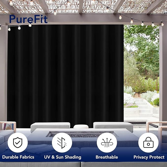 PureFit Outdoor Curtains for Patio Waterproof Weatherproof, UV Resistant Outside Curtains for Gazebo, Front Porch, Pergola, Sun Blocking Privacy Curtain, 120W x 95L inch, 1 Panel, Black PureFit