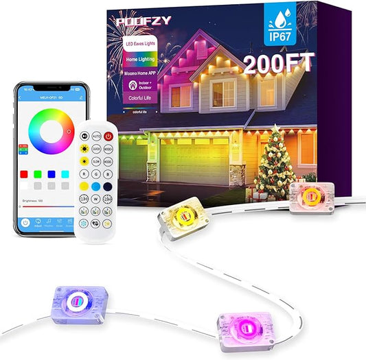 POOFZY Permanent Outdoor Lights for House,200ft RGB+IC Smart Outdoor Decor, 50 Scene Modes,App/Remote Control,for Christmas,Super Bowl,V-Day,Thanksgiving,Daily & Holiday Party Decor POOFZY
