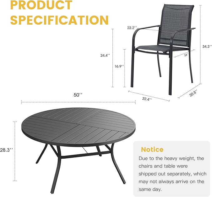 VICLLAX Patio Table and Chair Set of 6, All Weather Metal Round Outdoor Dining Furniture Set-50 Round Outdoor Table and Chairs, Black Tabletop HOME