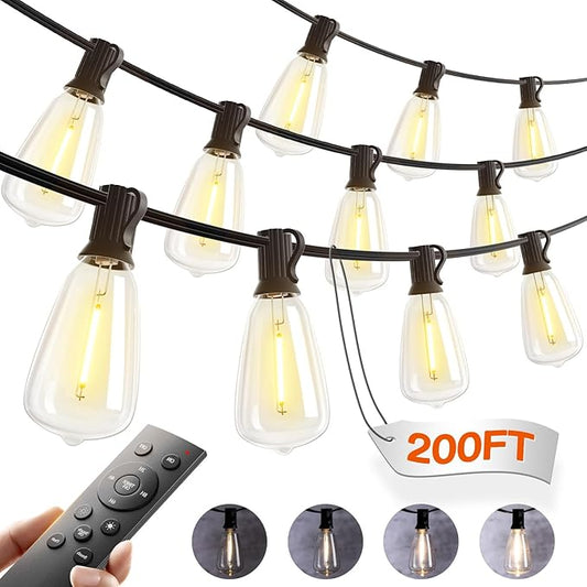 addlon 200FT(50FT*4) Outdoor String Lights with Remote,Waterproof Patio Lights ETL Listed with Shatterproof Dimmable ST38 LED Bulbs Connectable Outdoor Lighting for Backyard Bistro Garden Bistro addlon