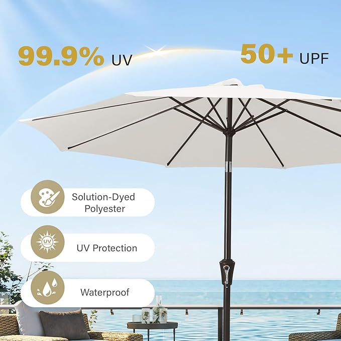 MEWAY 9ft Patio Umbrella Outdoor Table Umbrellas with Push Button Tilt and Crank, Market Umbrella 8 Sturdy Ribs for Deck, Garden, Pool and Backyard, Off-white MEWAY