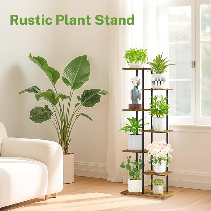 iDavosic.ly 6 Tier Tall Plant Stand Indoor, Tiered Corner Metal Wood Multiple Flower Holder Shelf, 50 Inch Orchid Display Rack for Patio Porch Living Room Balcony Outdoor, Modern Black & Rustic Brown iDavosicly