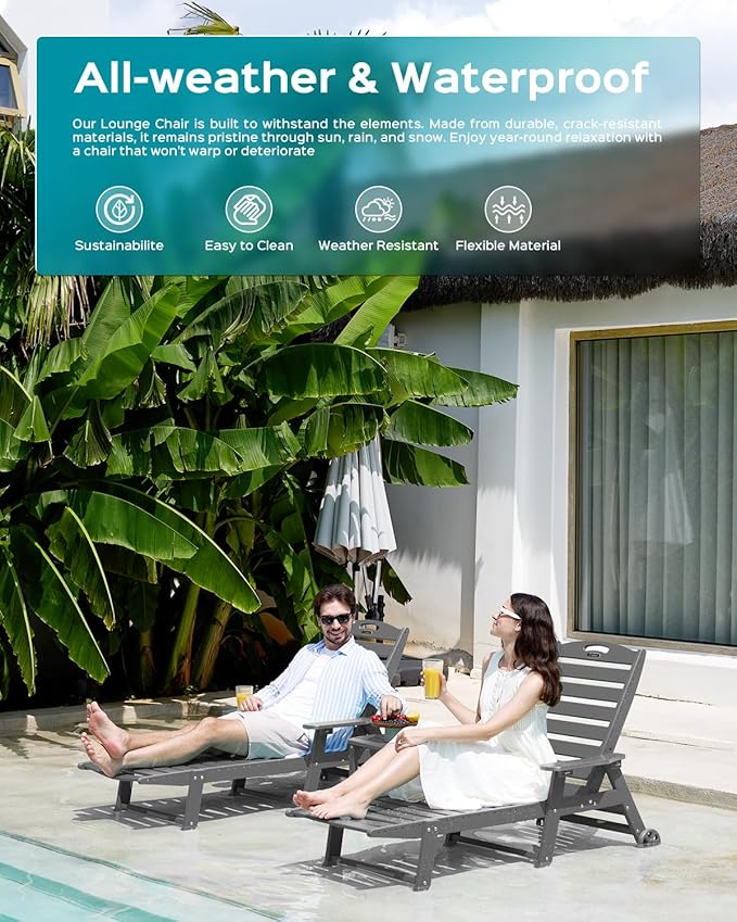 Ciokea Outdoor Chaise Lounge Chair Set of 2, Patio Lounge Chairs for Outside, HDPE Lounge Chairs with Wheels & Cup Holder, Poly Lounge Chair with 5 Position for Poolside, Deck, Dark Grey CIOKEA