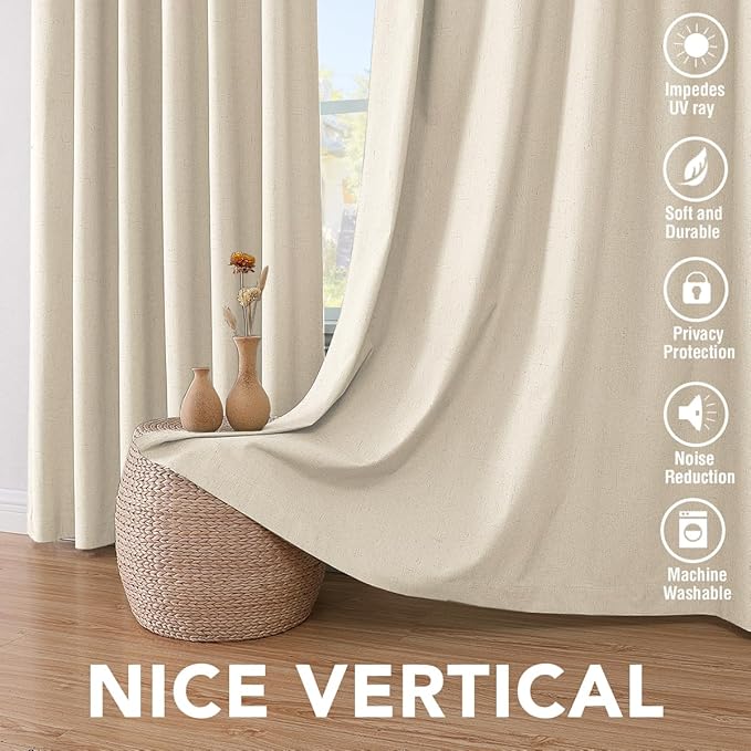 H.VERSAILTEX 100% Blackout Curtains for Bedroom Thermal Insulated Linen Textured Curtains Heat and Full Light Blocking Drapes Living Room Curtains 2 Panel Sets, 42x45 Inch, Bleached Sand HVERSAILTEX