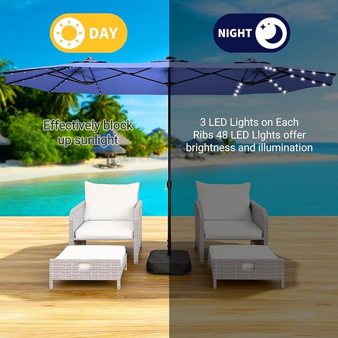 LEVELEVE 14FT Large Patio Patio Umbrella with Base & Solar LED Lights - Double-Sided,Blue Enjoyyourlife