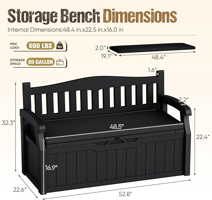 80-Gallon Outdoor Storage Bench with Cushion, Lockable Waterproof Deck Box with Armrests for Patio, Garden, Pool, Black Acurax