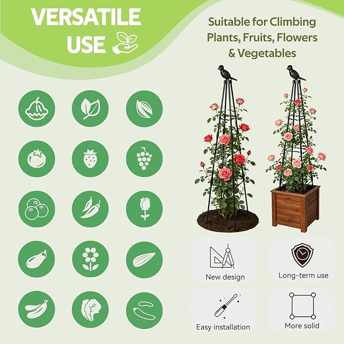 2 Pack Garden Trellis for Climbing Plants Outdoor - Rustproof Plastic Coated Steel Core Tower Obelisk Trellis - Metal Teepee Trellis Vertical Plant Support for Vines Vegetables Flowers Indoor Rootora