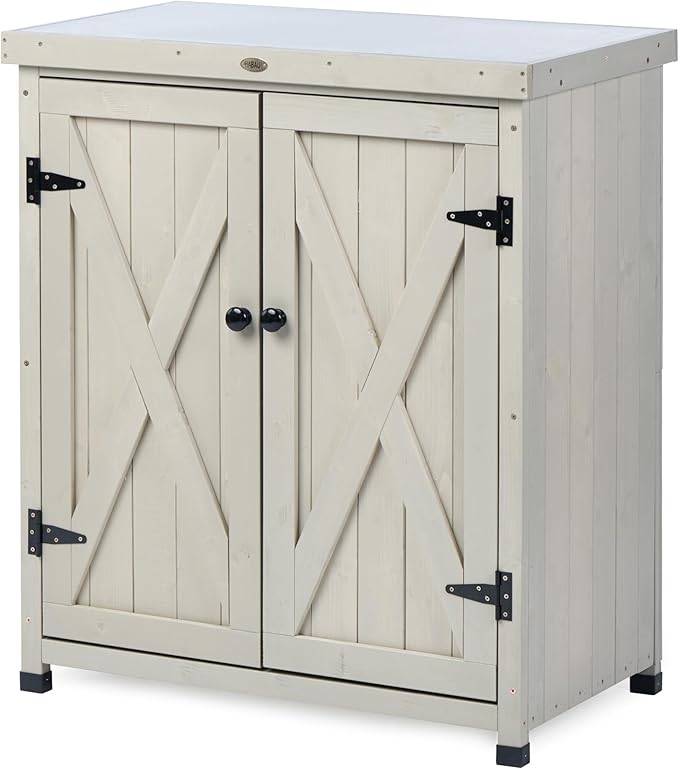 HABAU Outdoor Storage Cabinets Weatherproof for Patio, Garden Work Bench with Shelves & Metal Tabletop, Wooden Potting Table Workstation HABAU