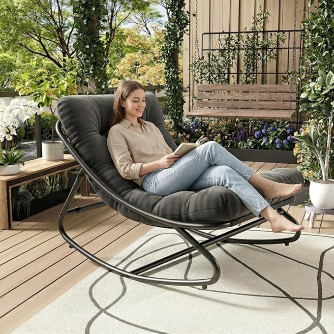 IDEALHOUSE Outdoor Rocking Chair with Metal Frame, Adjustable Papasan Rocker, Waterproof Comfy Cushion, 450lbs Capacity, for Patio, Porch, Garden, Living Room, Dark Grey IDEALHOUSE