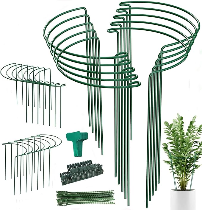 24 Pack Plant Support Stake, Half Round Metal Garden Plant Stake, Green Plant Support Ring, Border Support with Plant Lables & Plant Clips for Outdoor Indoor Plants, Vegetable, Flowers Linyona