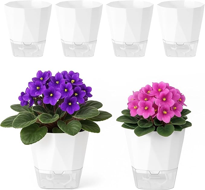 6 Pack Self Watering Pots for Indoor Plants, 5 Inches Self Watering Planters Small African Violet Self Watering Clear Pots for Plants Herb Orchid Flower Houseplant Pots, White Planterhoma