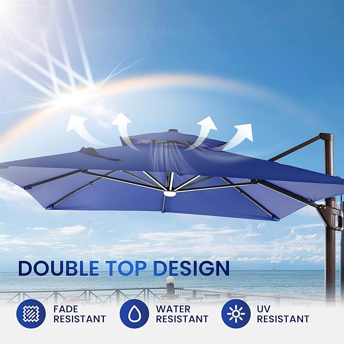 10 X 13 FT Cantilever Patio Umbrella with LED Lights Outdoor Heavy Duty Double Top Windproof Rectangle Offset Umbrellas with 360-degree Rotation for Pool Deck Backyard, Navy Ombrellon